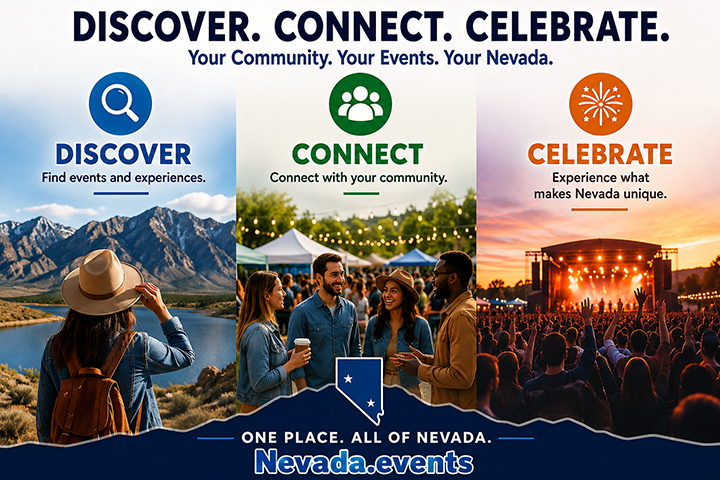 Nevada.events graphic featuring Discover, Connect, Celebrate with Nevada landscapes, community events, and live entertainment