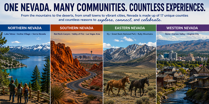 Nevada communities graphic featuring Northern, Southern, Eastern, and Western Nevada landscapes and destinations